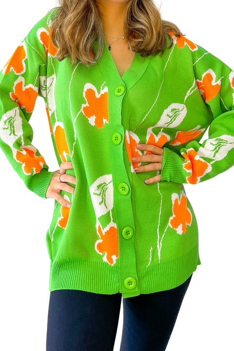 Cardigan, imprimeu floral, nasturi, marime universala M-L-XL, Verde deschis