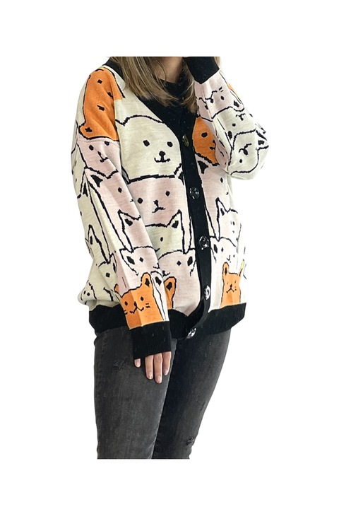 Cardigan, imprimeu animalute, nasturi, marime universala M-L-XL, Portocaliu