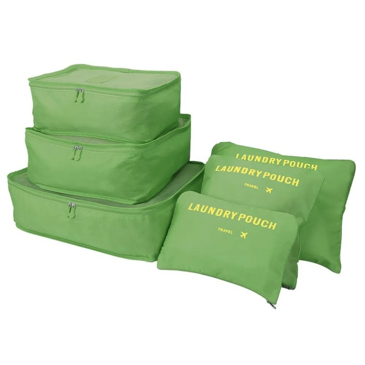 Set 6 genti organizatoare, Pentru valize, Poliester, Verde