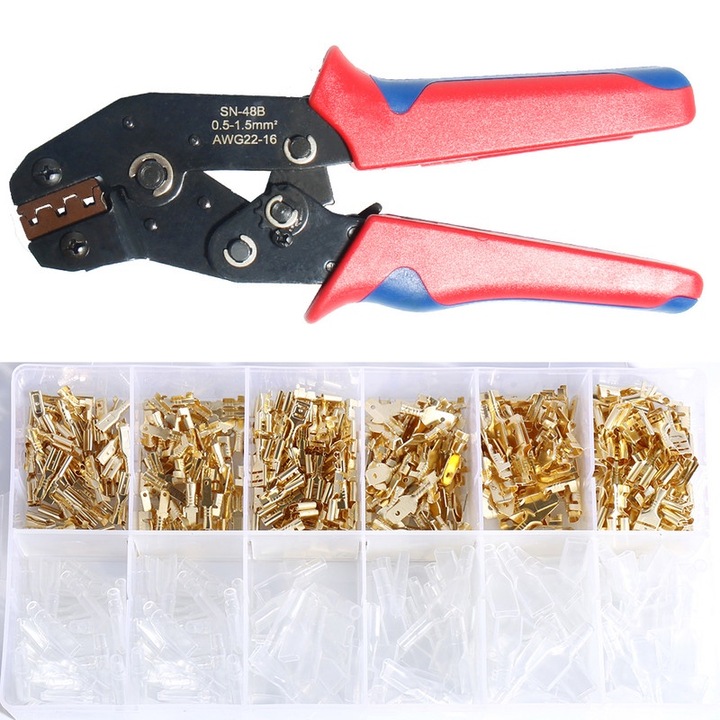 Kit Profesional De Sertizare Cabluri Zree, Inclusiv 500 De Conectori Cu Manson Protector Transparent, Cleste Cu Clichet Auto-Reglabil Si Cutie De Depozitare Pentru Conectori Awg 22-16 (0,5-1,5 Mm²)