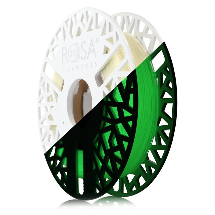 Filament 3D, Rosa3D, Flex 88A Stralucitor In Intuneric, Fosforescent, Flexibil, Durabil La Intindere, Rezistent La Uleiuri, Grasimi Si Solventi, Elasticitate Superioara, Rezistenta Mecanica Ridicata, Imprimare 3D, 0.5 kg, Verde