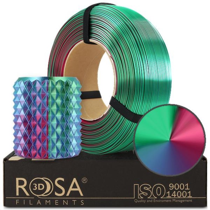 3D Filament, Rosa3D, Refill PLA Magic Silk Aurora, 1.75 mm, Csillogó, Kétkomponensű, Könnyen Nyomtatható, Kezdőknek És Szakembereknek, Több Színű, Koextrudált, Magas Minőségű Termék, 3D Nyomtatáshoz, Dekoratív Tárgy, 1 kg, Aurora Borealis