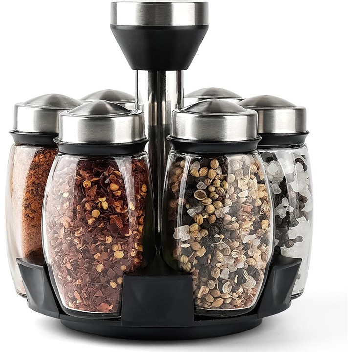 Комплект 6 стъклени буркана за подправки с въртяща се поставка от неръждаема стомана, черни, 15x15x17см