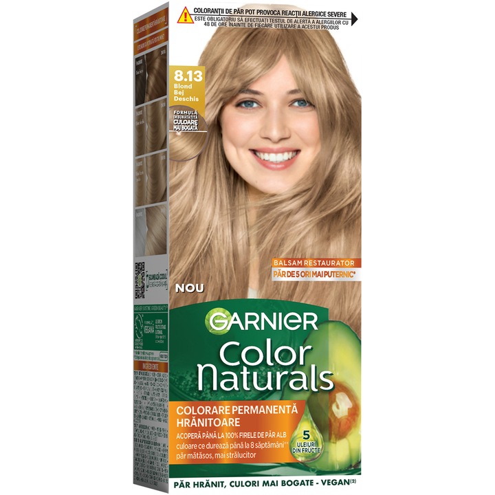 Vopsea de par permanenta cu amoniac Garnier Color Naturals, 8.13 Blond bej Deschis, 112 ml