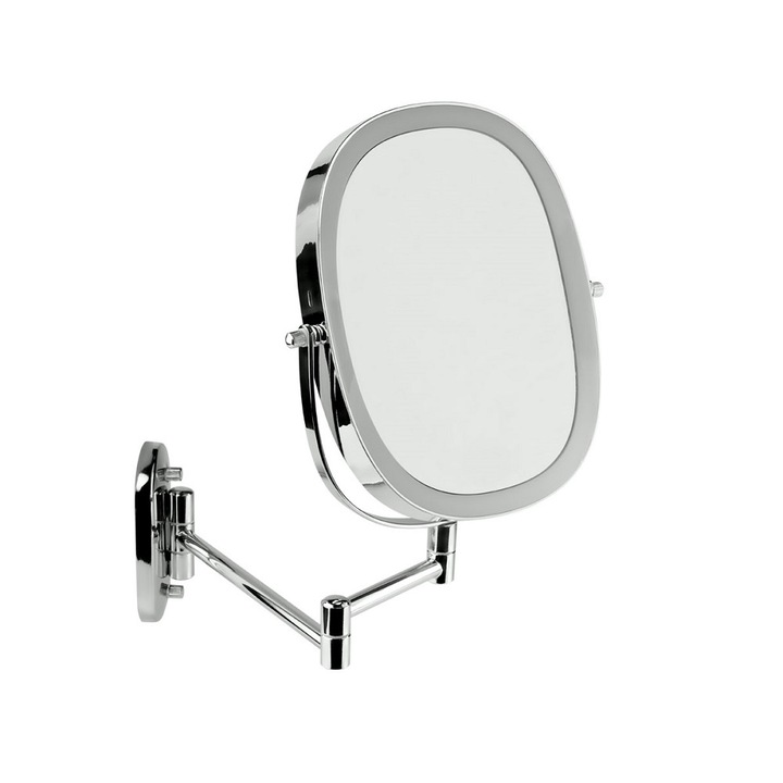 Oglinda cosmetica iluminata de perete​​​​​​​ Dual Side Beautifly, 7WMIRROR, marire 7x, iluminat LED, lumina naturala/rece/calda, ajustare unghi 360 grade, senzor touch, brat extensibil, inox