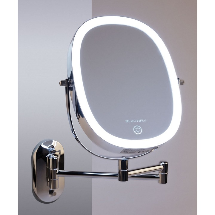 Козметично стенно огледало​​​​​​​ Dual Side Beautifly, 7WMIRROR, 7x увеличение, LED осветление, естествена/студена/топла светлина, регулиране на ъгъла на 360 градуса, сензор за докосване, разтегателно рамо, неръждаема стомана