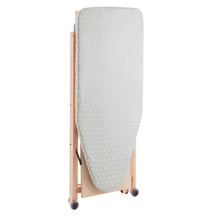 Masa de calcat cu raft Arredamenti Italia, 108x45 cm, pliabila, sistem Easy-Open, structura din lemn fag, inaltime ajustabila, raft pentru haine, suport glisant pentru fier de calcat, material bumbac termorezistent, picioare antiderapante, lemn natur