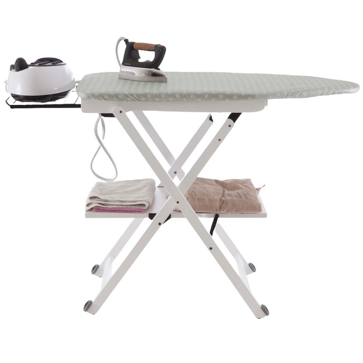 Masa de calcat cu raft Arredamenti Italia, 108x45 cm, pliabila, sistem Easy-Open, structura din lemn fag, inaltime ajustabila, raft pentru haine, suport glisant pentru fier de calcat, material bumbac termorezistent, picioare antiderapante, alb