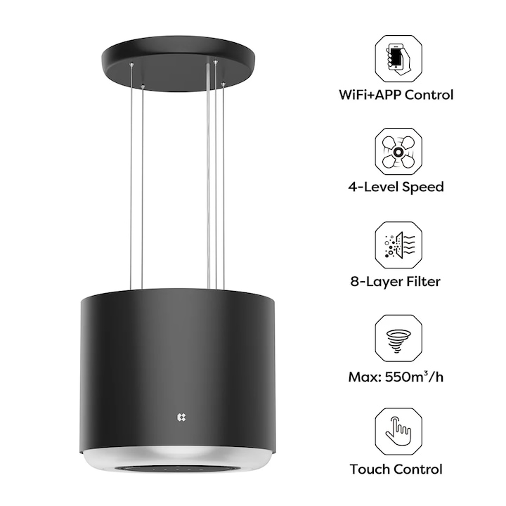 Hota tip insula Ciarra, Smart Island, 4 trepte putere, mod recirculare, 550m³/h, control prin aplicatie, filtru de grasime 8 straturi, lumina LED ambientala, control tactil, silentios, kit de instalare inclus, negru