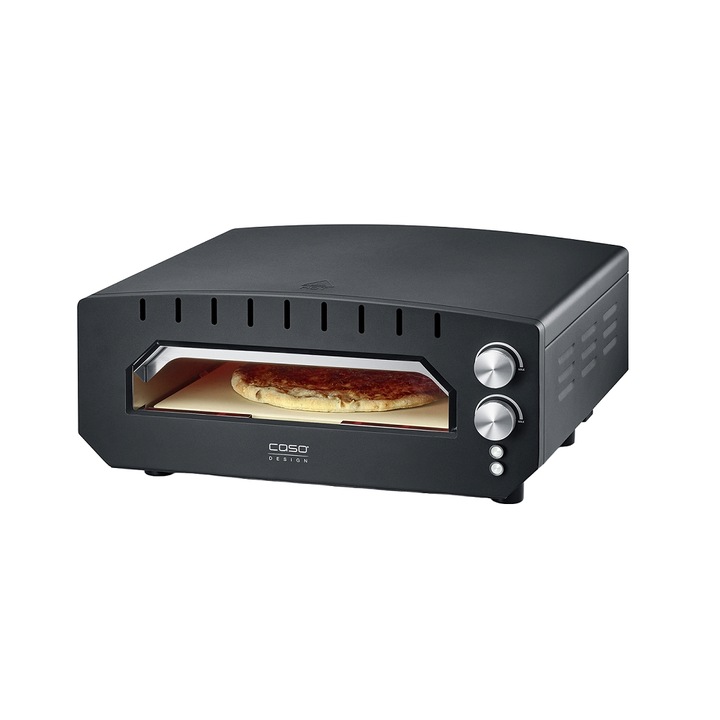 Pizza sütő Caso Germany, PizzaChef, pizza mindössze 2 perc alatt készen áll, ideális bel-/kültéri, kordierit kő 33x33 cm, maximális hőmérséklet 400°C, előmelegítés funkció, acél anyag, 2000 W, tartozékokkal, fekete