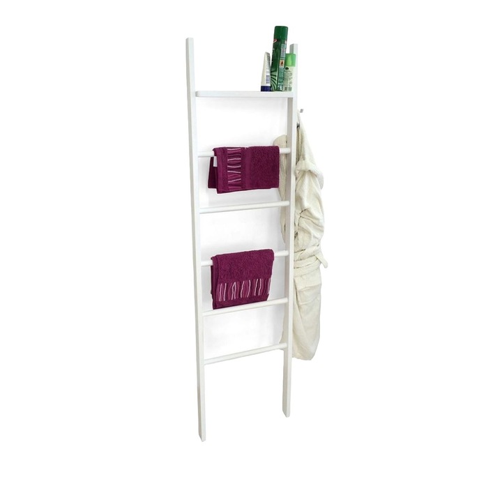 Suport vertical pentru prosoape Arredamenti Italia, Axel, 164x45 cm, tip scara, 5 trepte, 1 raft, agatatoare laterala, structura din lemn de fag, ideal pentru prosoape si accesoriile de baie, design practic, picioare antiderapante, alb