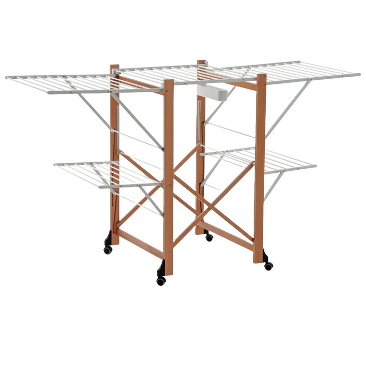 Mobil ruhaszárító Arredamenti Italia, 175x105 cm, összecsukható, Easy-Open rendszer, 2 szint, bükkfa szerkezet, fogó állvány, hordozható, kerekek reteszelő mechanizmussal, korróziógátló alumínium, hatékony tárolás, elegáns kivitel, cseresznyefa