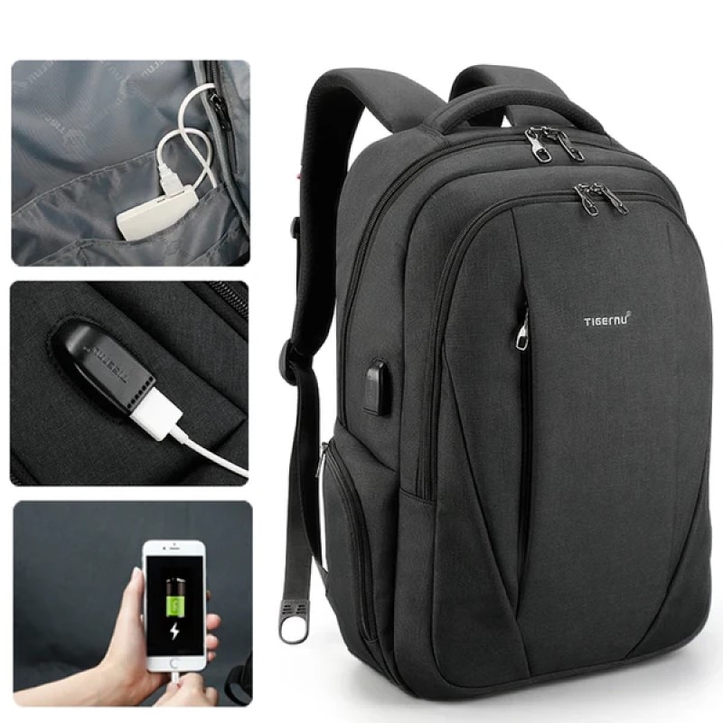Rucsac laptop 15.6" smart casual, impermeabil, cu port USB, Tigernu, 30x16x45 cm, Negru
