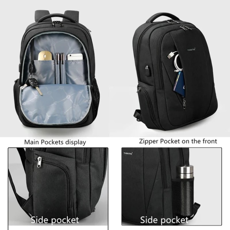 Rucsac laptop 15.6" smart casual, impermeabil, cu port USB, Tigernu, 30x16x45 cm, Negru