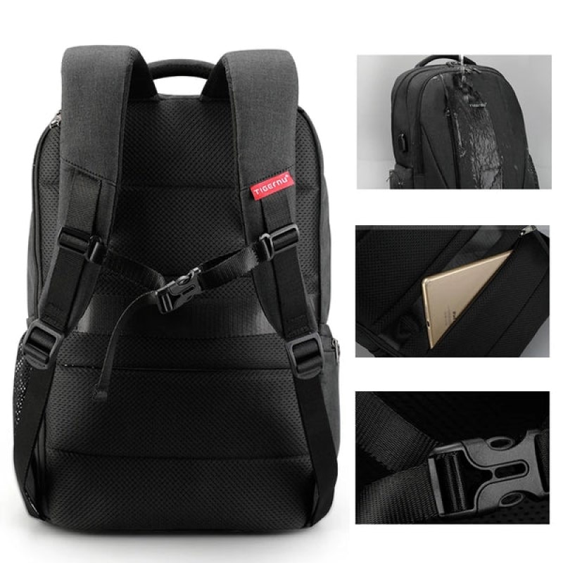 Rucsac laptop 15.6" smart casual, impermeabil, cu port USB, Tigernu, 30x16x45 cm, Negru