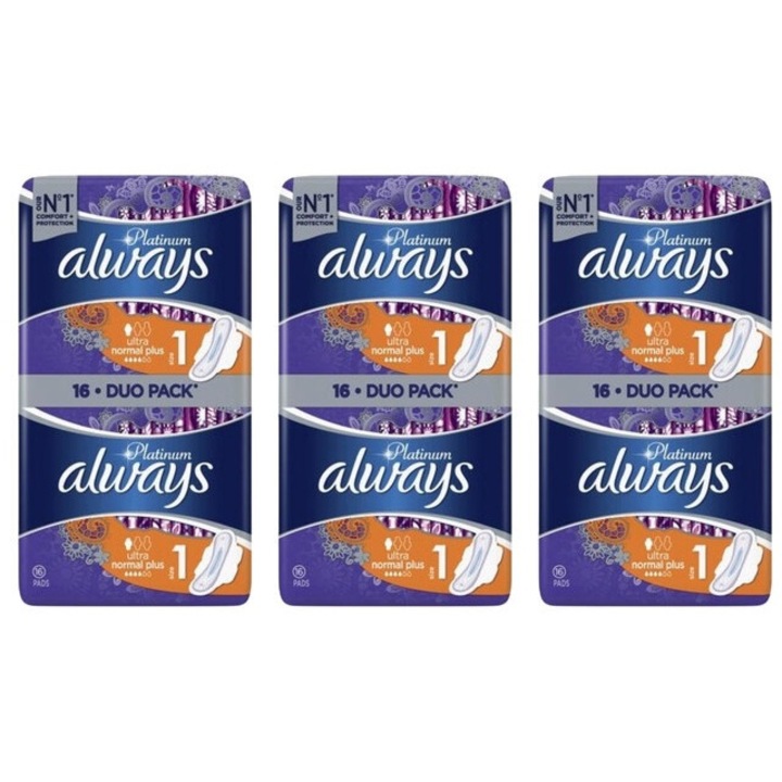 Set 3 x always absorbante 16buc platinum ultra normal plus absorbtie eficienta, confort, protectie pe termen lung, fixare sigura, neutralizeaza mirosurile, anti-iritatii, previne scurgerile
