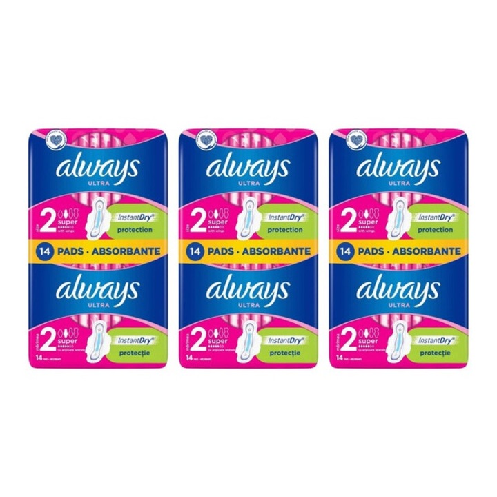 Комплект от 3 x винаги абсорбиращи подложки 14 бр ултра супер плюс ефективна абсорбция, комфорт, дълготрайна защита, сигурна фиксация, неутрализира миризмите, против дразнене, предотвратява изтичане