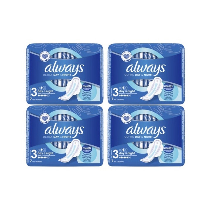 Комплект от 4 опаковки always абсорбиращи превръзки 7 бр ултра нощни, ефективна абсорбция, комфорт, дълготрайна защита, сигурна фиксация, неутрализира миризмите, против дразнене, предотвратява изтичане