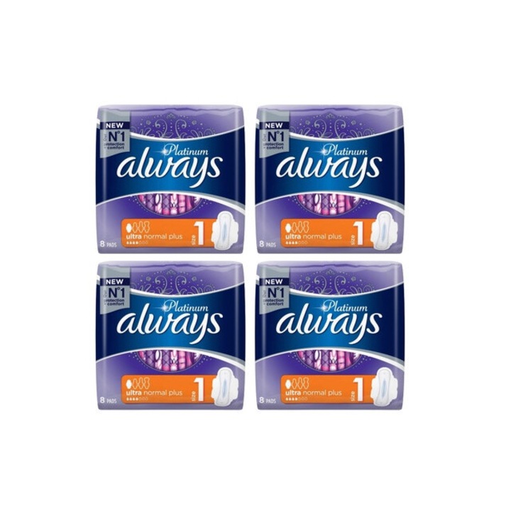 Комплект от 4 x Always Дамски превръзки, 8 бр platinum ultra normal plus efficient absorption, comfort, long-term protection, secure fixation, neutralizes odors, anti-irritation, prevents leaks