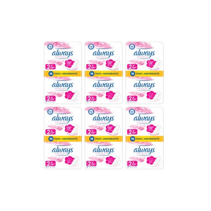 Комплект от 6 x дамски превръзки Аlways 16 бр супер чувствителни, ефективна абсорбция, комфорт, дълготрайна защита, сигурна фиксация, неутрализира миризмите, против дразнене, предотвратява изтичане