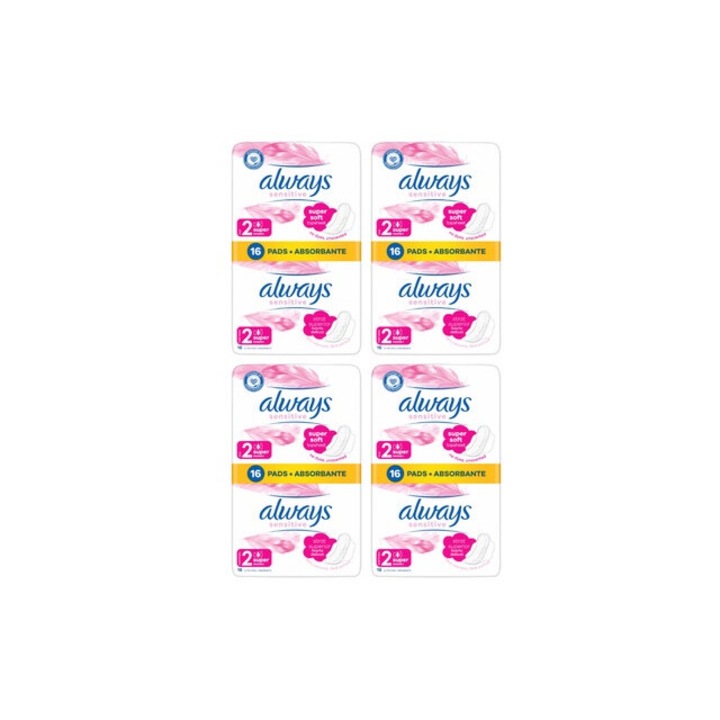 Set 4 x always absorbante 16buc sensitive super plus absorbtie eficienta, confort, protectie pe termen lung, fixare sigura, neutralizeaza mirosurile, anti-iritatii, previne scurgerile