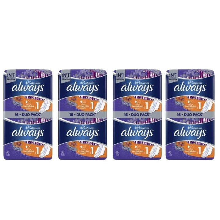 Set 4 x always absorbante 16buc platinum ultra normal plus absorbtie eficienta, confort, protectie pe termen lung, fixare sigura, neutralizeaza mirosurile, anti-iritatii, previne scurgerile