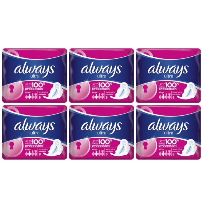 Комплект от 6 x Always абсорбиращи превръзки 8 бр супер плюс ефикасна абсорбция, комфорт, дълготрайна защита, сигурна фиксация, неутрализира миризмите, против дразнене, предотвратява изтичане
