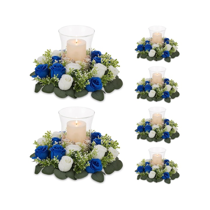 Set de 4 aranjamente florale cu suport din sticla pentru lumanari, NUPTIO, coronita cu trandafiri, 34 cm diametru, Alb si albastru