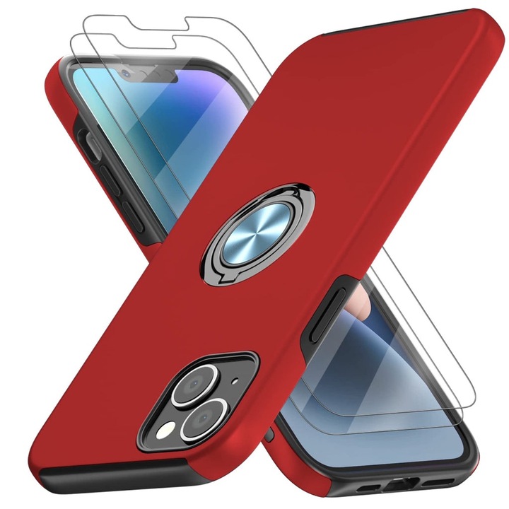 Husa de protectie Shockproof pentru Iphone 14 Plus, 2 geamuri de protectie, rosu