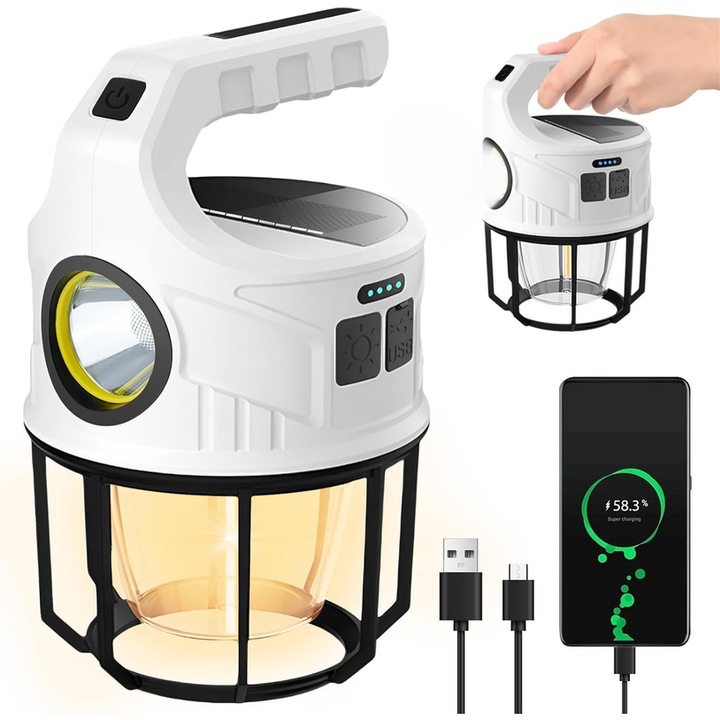 Lanterna Camping DEACOWER, Reincarcabila LED 500LM, Rezistenta la Apa, Portabila, Alb/Negru, 11x11x17.5cm