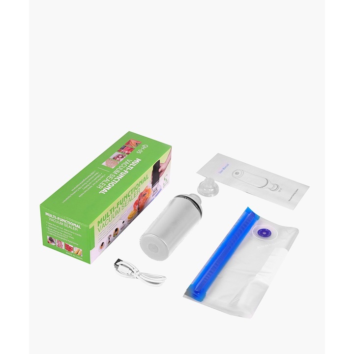 Handheld Aparat De Vidat Si Sigilat, Portabil, Automata, Reutilizabile, Extragerea rapida a aerului, Un comutator cu cheie, Decibel scazut, Super putere de aspirare, USB,5 Pungi Vidat Incluse, Alb