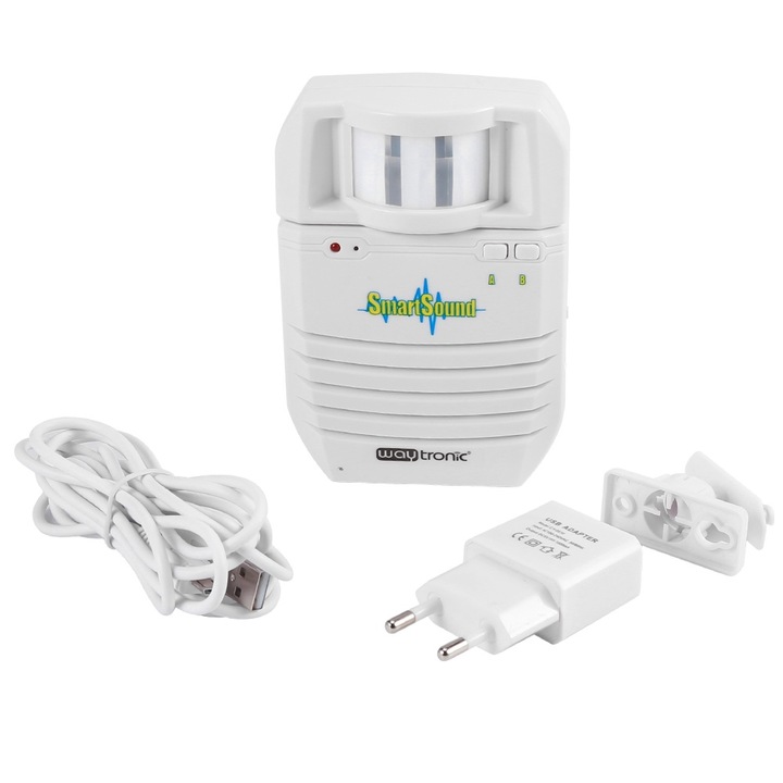 Detector de miscare wireless Smartsound, cu senzor infrarosu, player audio MP3, 2 moduri de redare, alimentare USB, alb