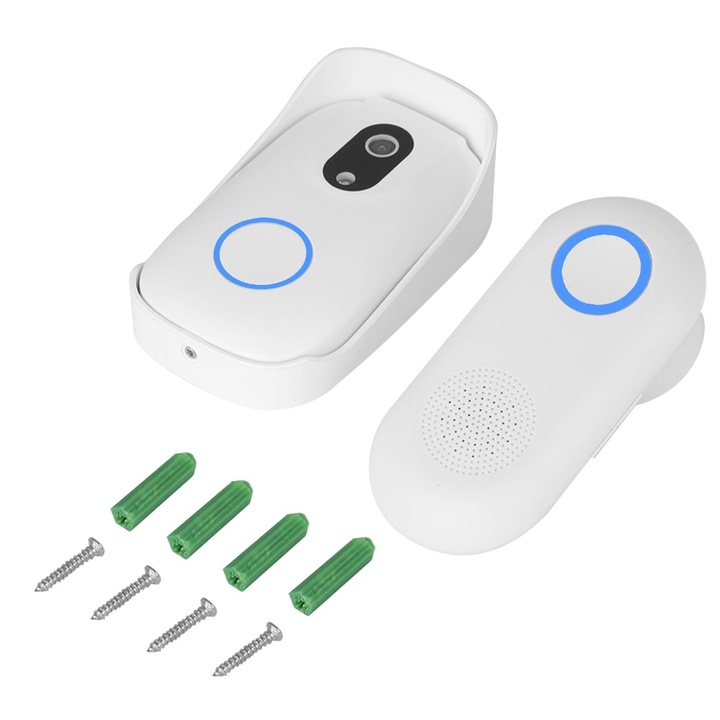 Електрически звънец с камера, longziming, аларма против кражба, WiFi + RF предаване, бял цвят, вътрешен и външен комплект