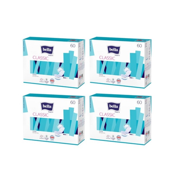Set 4 x bella absorbante zilnice 60buc panty classic absorbtie eficienta, confort, protectie pe termen lung, fixare sigura, neutralizeaza mirosurile, anti-iritatii, previne scurgerile
