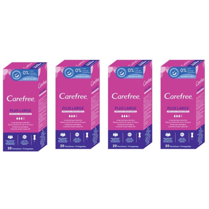 4 x Carefree napi nedvszívó betét készlet 20db plusz nagy, hatékony felszívódás, kényelem, hosszú távú védelem, biztos rögzítés, semlegesíti a szagokat, irritáció gátló, megakadályozza a szivárgást