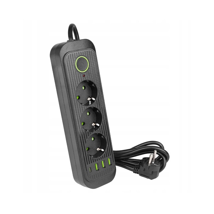 Мултимедиен разклонител, 3 контакта Шуко, 3xUSB, 1xUSB-C, Черно зелен, 2 м ZenLED®
