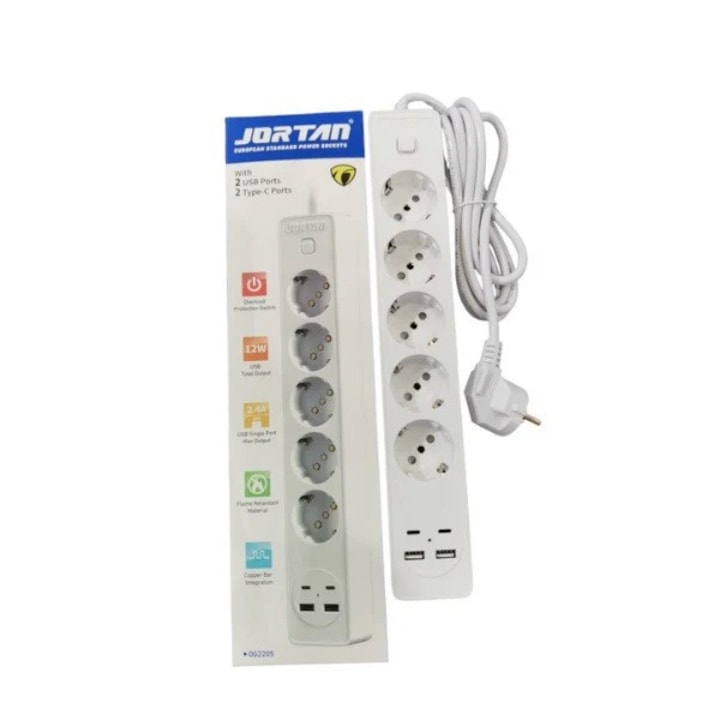 Dalimag Jortan удължител, 5 гнезда, 2 USB порта, 2 Type-C порта, бутон On/Off, дължина 2м