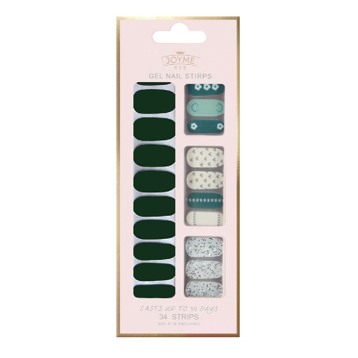 Set 34 Piese Autocolante Integrale pentru Unghii - Autoadezive cu Glitter, Calitate Salon, Durabile, Fara Lampa UV, Usor de Aplicat si Indepartat, Include Pila de Unghii -Verde cu Flori Albe, Glitter Argintiu, 26#