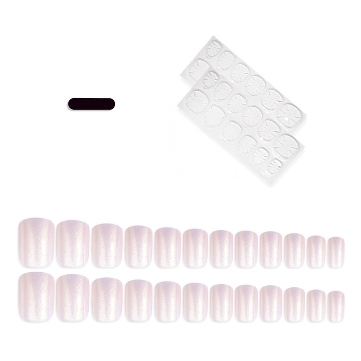 Set 24 Unghii False Patrate Medii, ABS, Adeziv, Perla Iridescenta cu Stralucire Subtila, 58#
