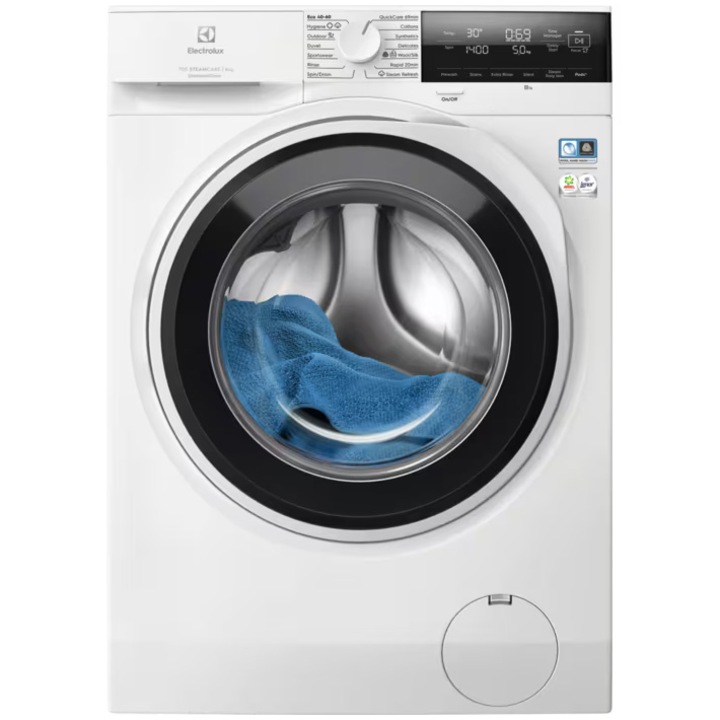 Masina de spalat rufe Electrolux Ecoline EW7F3484UE, 8 kg, 1400 rpm, Clasa energie A, Motor Inverter, Dozator Universal detergent, Sistem SteamCare + SensiCare, TimeManager, Program Rapid 20 min, Adancime totala 60 cm, Alb