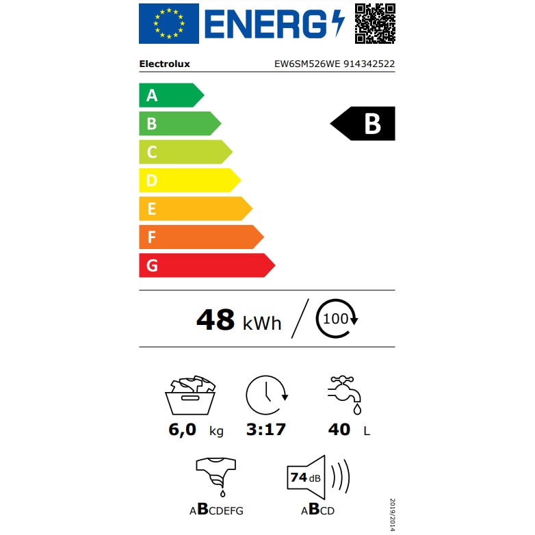 Masina de spalat rufe Slim Electrolux EW6SM526WE, 6 kg, 1200 RPM, Clasa B, Motor Inverter cu MagnetPermanent, Rapid 14 min, Alb