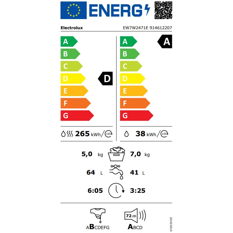 Masina de spalat rufe cu uscator Electrolux Ecoline EW7W2471E, 7 kg spalare, 5 kg uscare, 1400 RPM, Clase A , Motor Inverter, SteamCare+Sensicare, TimeManager, Alb
