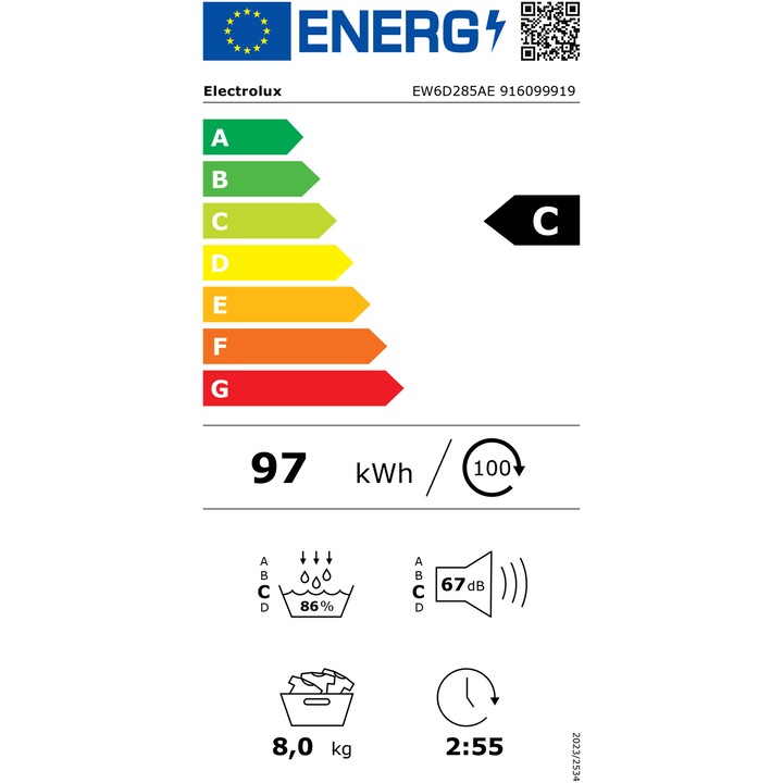 Uscator de rufe Electrolux EW6D285AE, Pompa de caldura, 8 kg, Clasa C, Sistem uscare GentleCare + Sensicare, Motor Inverter, Usa reversibila, Alb