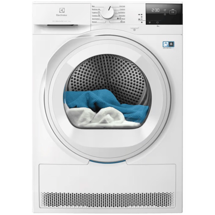 Сушилня Electrolux EW7D283VE, Термопомпа, 8 кг, Клас A++, Система за сушене DelicateCare + Sensicare, Инверторен мотор, Вътрешно осветление на барабана, Реверсивна врата, Бял