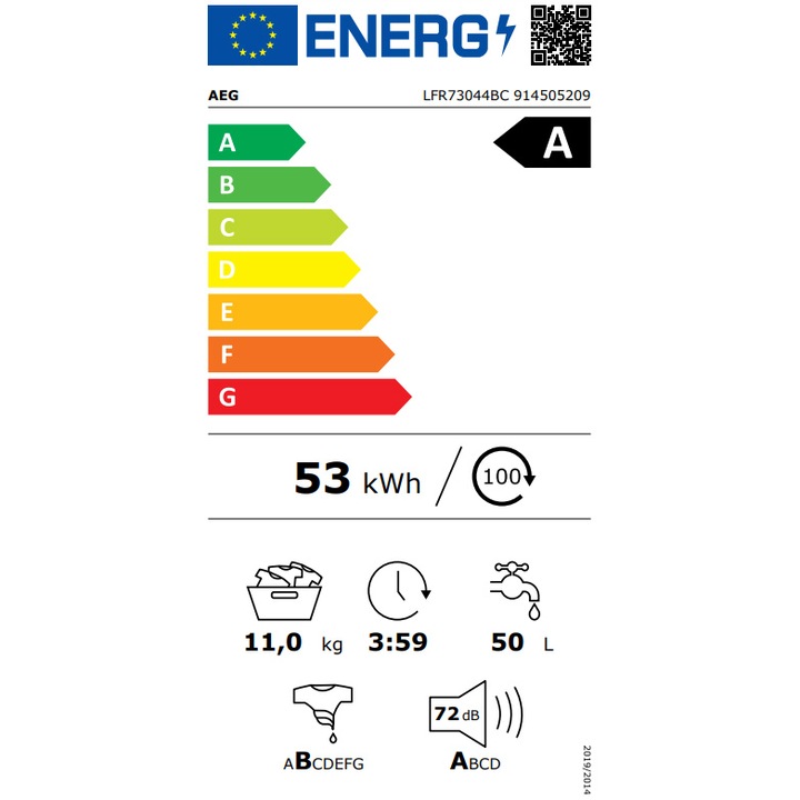 Masina de spalat rufe AEG LFR73044BC, 11 kg, 1400 RPM, Clasa A, WiFi, Motor Inverter, Tehnologie ProSense+ProSteam, TimeSave, Abur Improspatare/EasyIron, Rapid 20 min, AquaControl, Alb