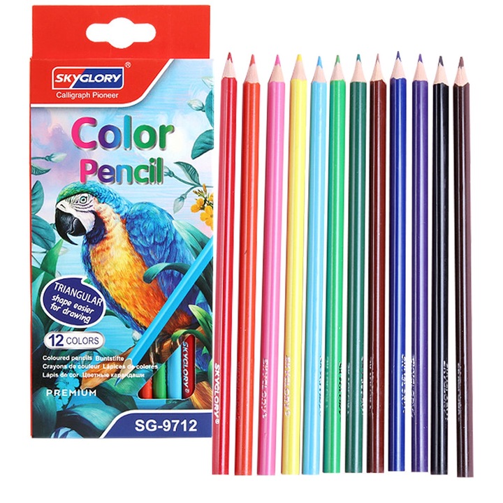 Színes ceruza készlet fa nélkül, előhegyezett, 17,3x0,7cm, többszínű, 12 db Skyglory