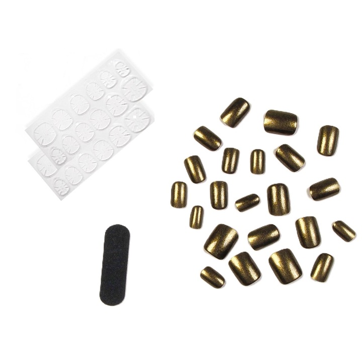 Set 24 Unghii False Patrate Medii Apasabile, ABS, Adezivi, Auriu Metalic Negru, 57#