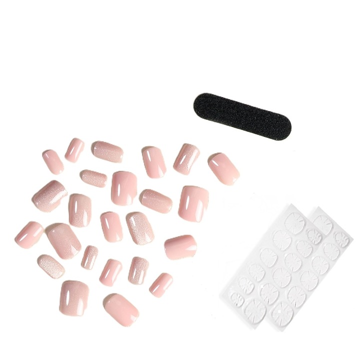 Set 24 Unghii False Apasabile Cat Eye, ABS, Unghii Patrate Scurte cu Adezivi, Sclipici Roz Nude, 35#