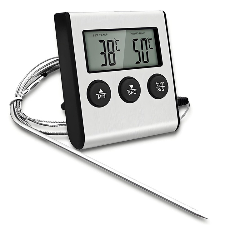 Цифров кухненски термометър, измерващ -50-300°C, температурна аларма, таймер, сребрист, 65x70x20mm