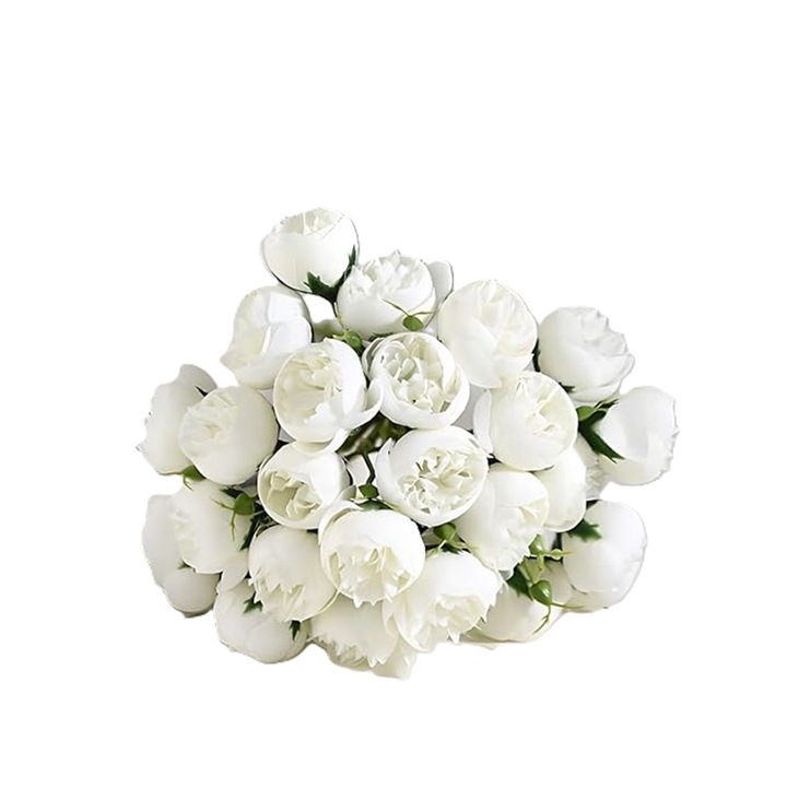 Buchet 27 Flori Artificiale Camelia, Set 9 Tulpini – Aranjamente Florale False pentru Decor Acasa, Centre de Masa, Baie si Sufragerie, Alb